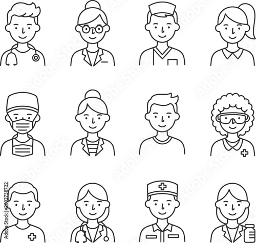 Medical Healthcare Team Icons Set - Line Art Doctor Nurse Surgeon Pharmacist Avatars for Hospital or Clinic