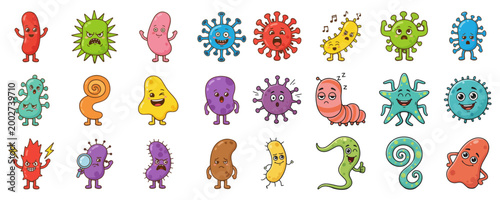 Set of Cute Cartoon Bacteria and Virus Characters with Expressions