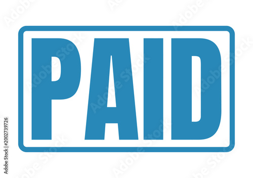 Bold blue PAID stamp graphic confirming a completed financial transaction and settlement