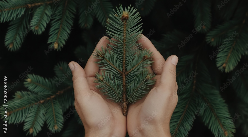 Fototapeta premium Close view of hands holding small fir tree branch. Hands cradle evergreen foliage against dark forest background. Concept of nature, care, growth, and protection.