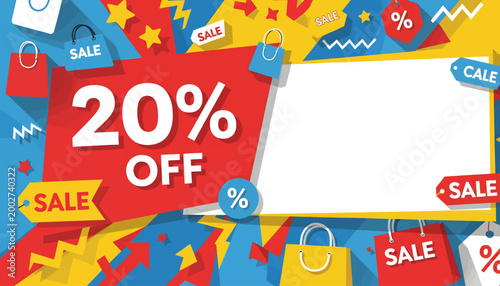 Vibrant sale banners and colorful signs create a lively shopping environment with discounts and promotions on offer
