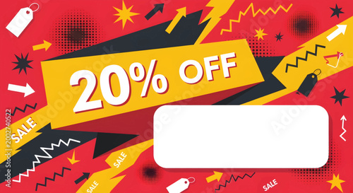 A vibrant discount label with a yellow banner displaying 20 percent off surrounded by dynamic graphics and text on a red background