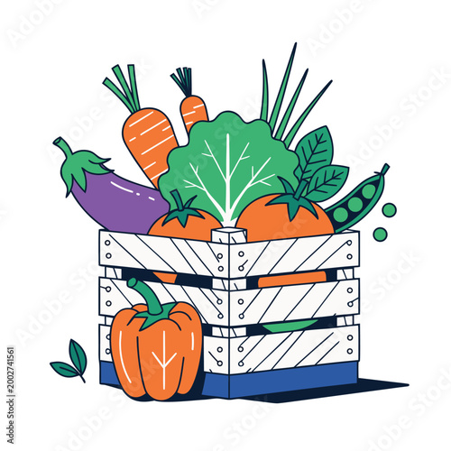 Fresh Organic Vegetables in Wooden Crate Hand Drawn Illustration