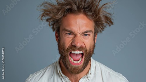 Male with disheveled hair and beard expresses intense emotion, shouting with an open mouth against a plain gray background in a close-up portrait sequence
