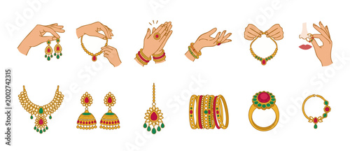 Indian Wedding Jewelry Set Hand Icons Collection, Traditional Gold Necklace Earring Bangle Ring and Nose Pin Accessories Illustration for Bridal Fashion Decoration, Luxury Ornamental Jewelry Elements