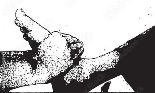 Black and white abstract illustration of a human foot with a hand holding it in bold vector style