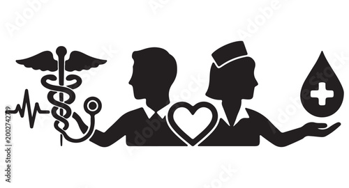 Medical healthcare silhouette icons, doctor and nurse profile with caduceus and heart, blood donation and heartbeat pulse vector illustration
