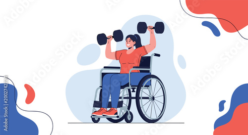 Smiling woman in a wheelchair performs overhead dumbbell presses to stay active and fit while surrounded by abstract shapes.
