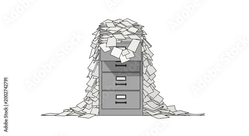 A grey filing cabinet completely overwhelmed by a massive pile of disorganized white papers, illustrating bureaucracy and clutter.