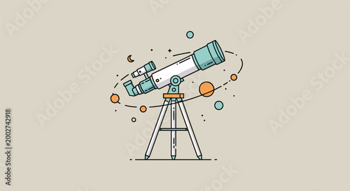 Scientific telescope on a tripod for astronomical observation surrounded by moons, planets, and stars in a stylized educational layout.