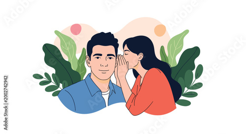 Young woman whispering a secret into a man's ear in a lush garden setting with green leaves and abstract artistic shapes.