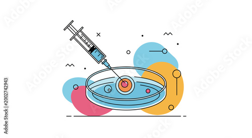 Medical laboratory equipment depicting a syringe injecting a substance into a cell within a petri dish for scientific biotechnology research.