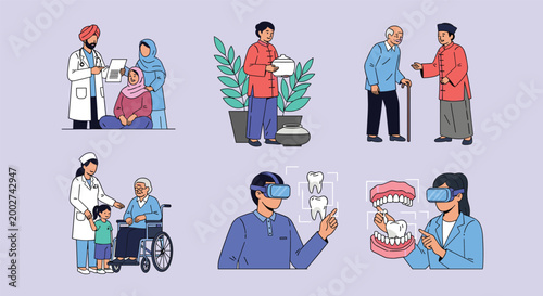 Diverse healthcare services collection featuring elderly care, pediatrics, medical consultation, and modern virtual reality dental training simulations.