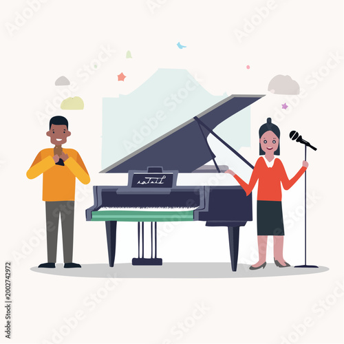 Musicians performing with piano and microphone