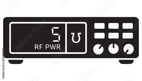 Ham radio transceiver vector icon, amateur radio station equipment with RF PWR display, black silhouette of shortwave radio receiver for telecommunication