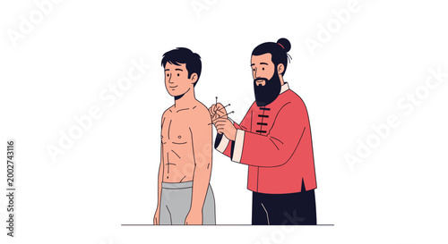 Traditional chinese medicine practitioner performing acupuncture treatment on male patient for natural health healing and pain relief.