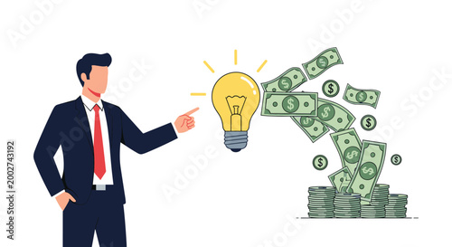 Visionary businessman pointing at creative lightbulb idea that produces flow of cash money and financial success in industry.