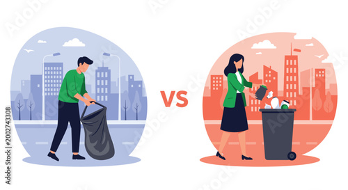 Comparison of street cleaning practices featuring man carrying large garbage bag and woman disposing waste into recycling bin.