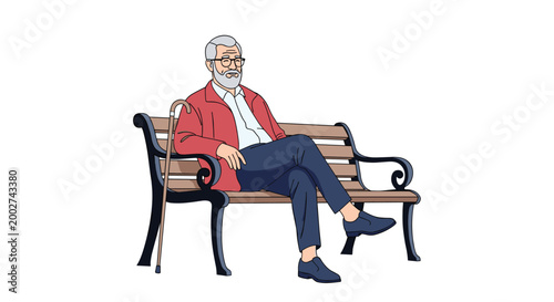 Elegant senior man sitting on wooden park bench with walking cane enjoying fresh air and quiet retirement time outdoors.