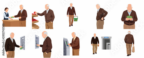 Collection of senior man characters in various shopping and financial situations such as banking at ATM and buying groceries