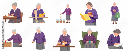 Senior woman managing personal finances, budgeting, and daily tasks set of flat vector illustrations