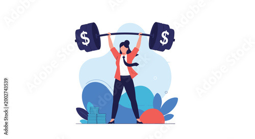 Strong business woman lifting heavy barbell with dollar signs representing financial strength, economic power, and wealth management.
