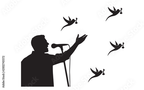 Minimalist singer silhouette with microphone and flying birds, male vocalist performing on stage, black and white musical artist vector illustration