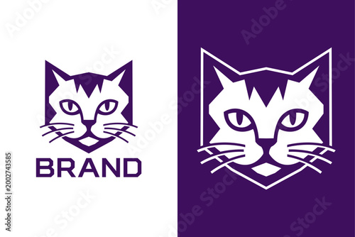 Modern Geometric Cat Head Vector Logo - Minimalist Purple Feline Mascot for Esports, Tech, and Pet Brands
