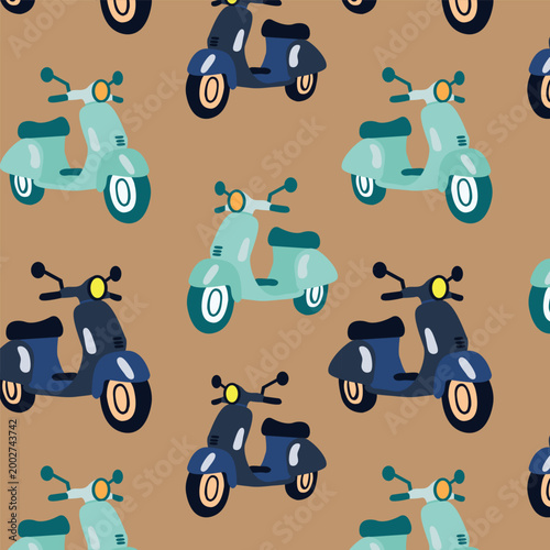 seamless pattern with toys and scooter. Vector pattern for a print with bright mopeds of different colors on a beige background.