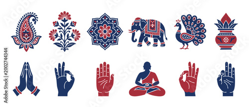 Indian Cultural Symbols Set: Traditional Mandala, Paisley, Elephant, Peacock, and Mudra Hand Gestures for Festive Decorative Designs, Diwali Celebration Elements, and Ethnic Heritage Vector Graphic Co