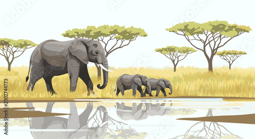 A captivating vector illustration showcasing a herd of elephants peacefully walking near a reflective watering hole surrounded by African savanna vegetation and trees, a0