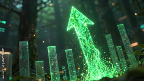 Green Growth Arrow and Digital Data Bars in Futuristic Forest