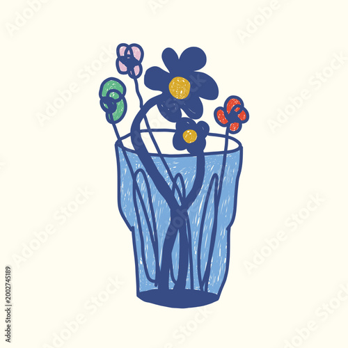 hand drawn colorful flowers in vase doodle illustration
