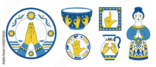 Ceramic Pottery Set with Folk Art Hand Gestures, Ukrainian Style Blue and Yellow Ornaments, Traditional Decorative Plates and Jug, Spiritual Mudras and Symbolic Hand Prints for Cultural Design Project