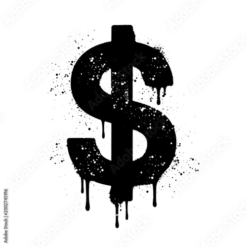 Black graffiti spray paint dripping dollar sign symbol on white background