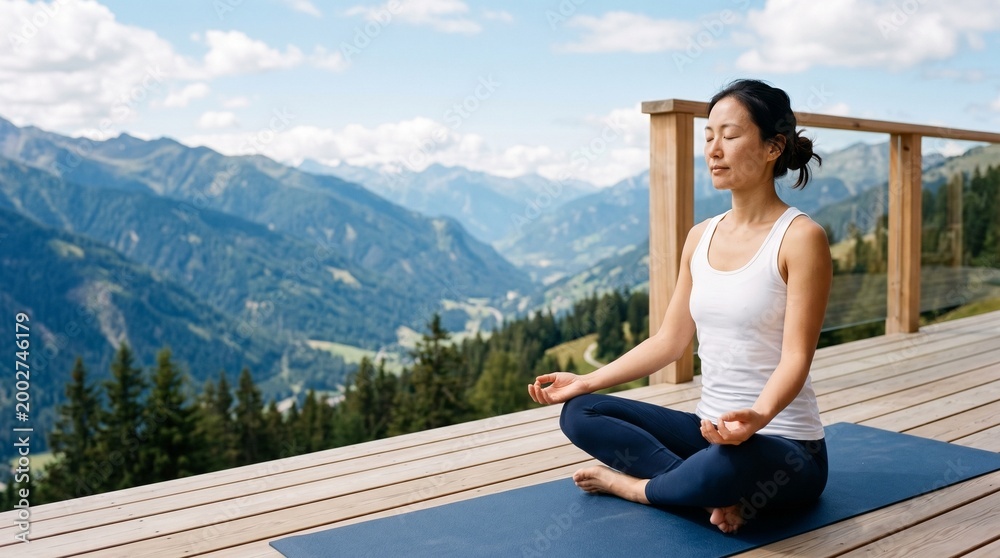 Fototapeta premium Mature Asian woman practicing yoga on wooden balcony overlooking mountain landscape.