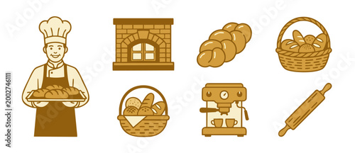 Bakery icons set with baker, bread, oven and coffee machine for cafe menu design, vector illustration in flat brown color style for breakfast or pastry shop branding and commercial website graphic.