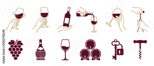 Wine icons set, vineyard production elements and sommelier gestures, minimalist vector illustration. Featuring wine tasting, pouring, uncorking, grapes, barrels and vintage keys for winery branding de