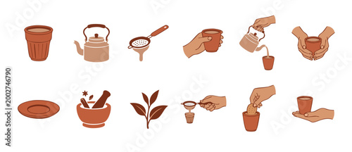 Chai tea elements set with traditional Indian clay cups, kettle, strainer, mortar pestle and biscuit dipping hand gestures for cafe menu design and vector flat icons representing authentic tea culture