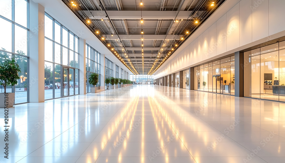 Obraz premium Modern Shopping Mall Interior with Bright Lights and Glass Facades.