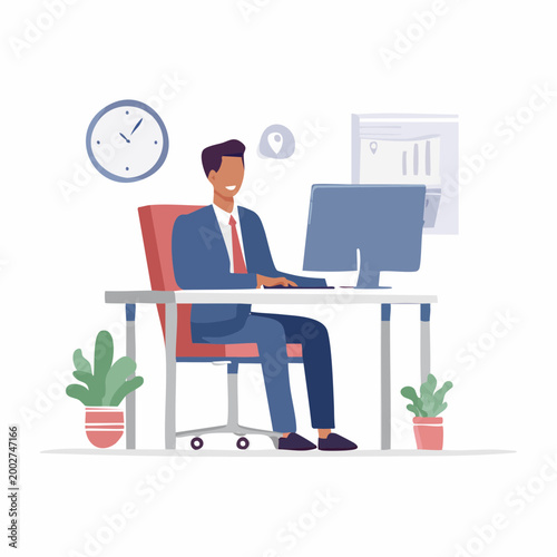 Man in Suit Working on Computer at Desk in Office