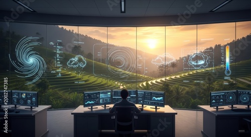 A scientist monitors weather patterns on computer screens in a futuristic control room overlooking lush terraced fields.