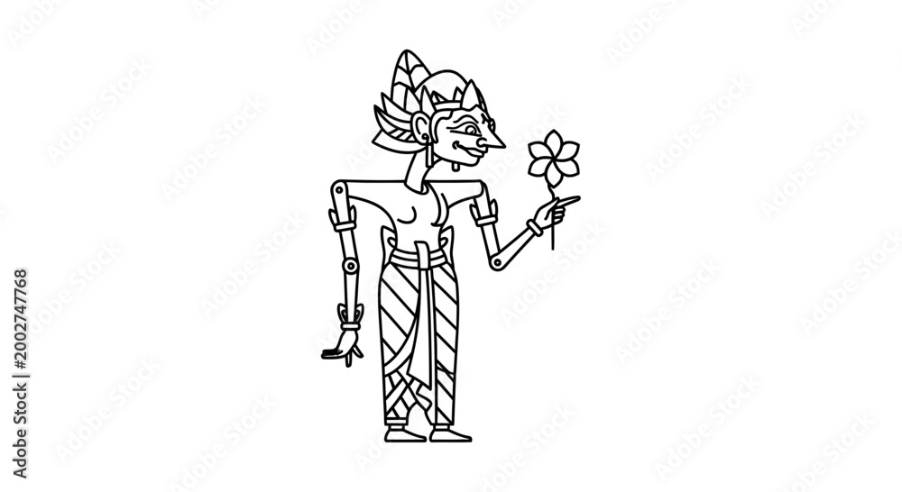 Fototapeta premium Traditional Indonesian Wayang Kulit Puppet Character Holding a Flower