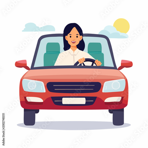 Woman driving a red car on a sunny day