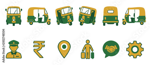 Auto Rickshaw Vector Icons Set, Tuk Tuk Transport Vehicles and Travel Symbols for Asian City Transit Apps and Logistics Design Projects, Including Driver, Currency, Map Pin, and Luggage Graphics.