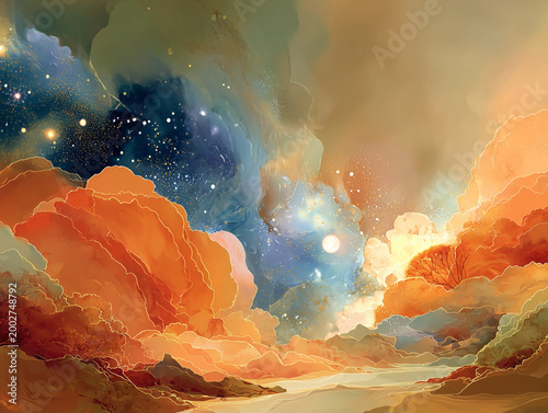 Abstract colorful landscape background featuring glowing clouds and stars
