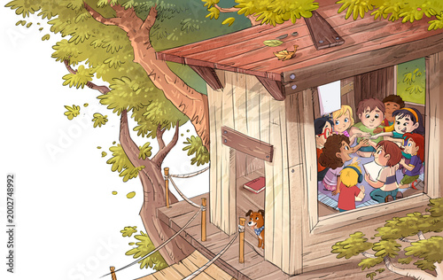 Group of children playing together in a tree house