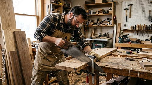 Male Woodworker Using Handsaw in Workshop with Wooden Boards and Tools