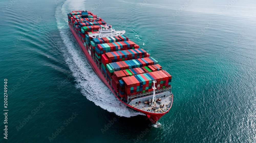 Fototapeta premium Shipping container vessel navigating calm waters ocean aerial view maritime industry concept