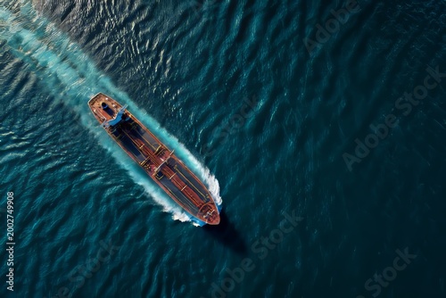 Cargo ship navigating calm waters ocean scene aerial view maritime transport experience